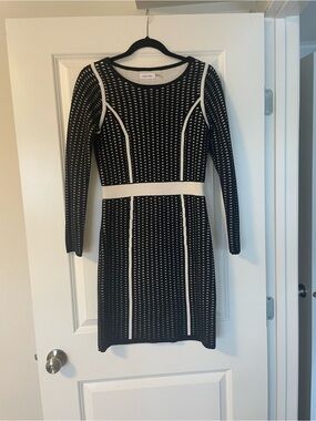 Calvin Klein Black and White Long Sleeve Knit Sheath Dress